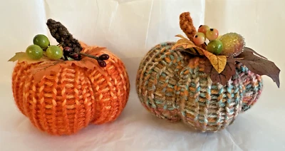 Set of 2 Handmade Crocheted Pumpkins Halloween Thanksgiving Fall Home Decor 4x4" - Image 1 of 4