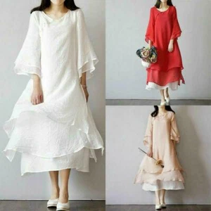 Klassisches chinesisches Teekleid Damen Frauen Retro Leinen locker Langarm Rock Hanfu - Bild 1 von 7