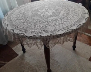 Handmade Beige Round Cotton Crochet Tablecloth 56" - Picture 1 of 8