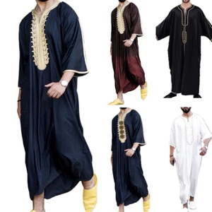 NewMen Long Sleeve Muslim Clothing Saudi Jubba Arab Kaftan Thobe Long Dress Robe - Picture 1 of 22