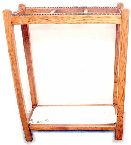 CLEAN Antique British Import Beaded Trim Oak Cane Stick Umbrella Stand W/Pan Cover