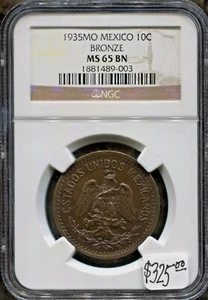 MEXICO - SPECTACULAR  HISTORICAL 10 CENTAVOS, 1939MO, NGC GRADED M 65 BN  - Picture 1 of 2