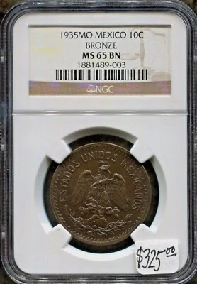 MEXICO - SPECTACULAR  HISTORICAL 10 CENTAVOS, 1939MO, NGC GRADED M 65 BN  - Image 1 of 2