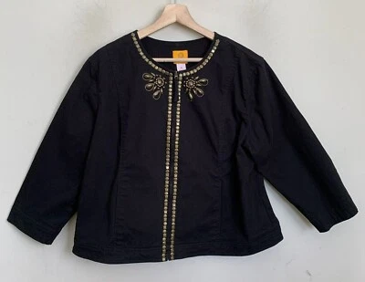 Ruby Rd Gray Jacket Black Collarless Copper Bead Trim 3/4 Sleeve Zip Front Sz 18 - Image 1 of 4