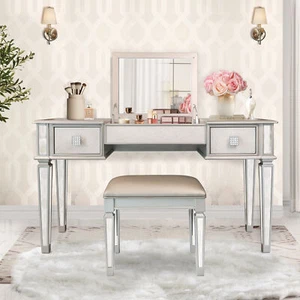 Mirrored Vanities Desk with Drawers, Bedroom Makeup Vanity Table Set with Mirror - Picture 1 of 11