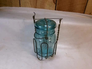 Antique Pat'd 1908 Ball Ideal Aqua Pint Size Canning Jar with Lid & Wire Carrier - Picture 1 of 5