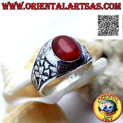 Anello in Argento 925‰ corniola ovale cabochon e fiore della rinascita in bassor - Immagine 1 di 4