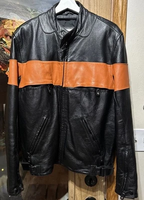 Wilsons Leather Moto Racer Jacket Black Orange Harley Stripe size Medium - Image 1 of 4