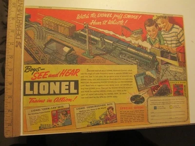 anuncio de periódico 1947 LIONEL tren química laboratorio construcción Roy Rogers Schwinn Foto 1 de 2