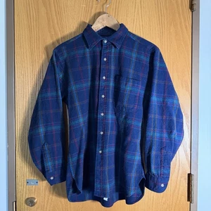 Vintage 70s Pendleton Wool Flannel Shirt Lined Plaid Green Blue USA Made Mens L - Picture 1 of 8