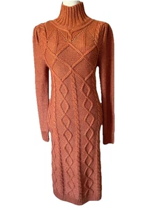 Moda International Pulloverkleid Zopfmuster Pumpkin Spice Wollmischung Stehkragen L - Bild 1 von 12