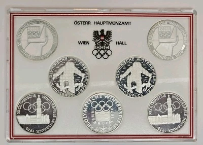 INNSBRUCK AUSTRIA 1976 WINTER OLYMPICS 7 coin set Silver 100 Shillings  - Image 1 of 4