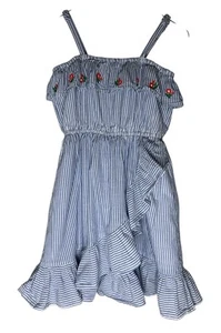JANIE AND JACK Girls' Blue White Striped Dress w/ Poppies Size 5 100% Cotton - Picture 1 of 6