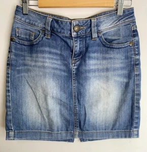 Esprit Denim Skirt Women Size 6 Blue Straight Zip Button Slit Studded Mini Comfy - Picture 1 of 20