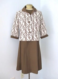 Vtg 60s 70s Mod Edith Flagg Brown Geometric Poly Knit 2-Pc Dress Jacket Suit L - Picture 1 of 11