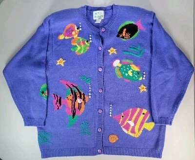 VTG The Quacker Factory Fish Cardigan Sweater 90s Button Down Knit Size 1X Blue - Image 1 of 4