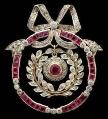 2.60Ct Round Cut Lab-Created Red Ruby Art Deco Brooch Pin 14K Yellow Gold Plated - Image 1 of 4