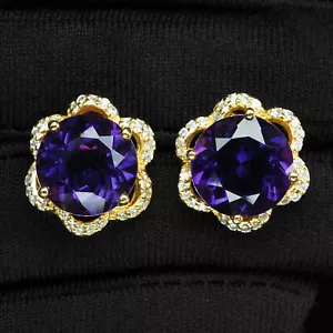 24K Gold Vermeil 925 Sterling Silver Stud Earrings Royal Purple Amethyst 10.90Ct - Picture 1 of 6