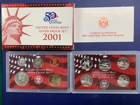 2001-S U.S. Silver Proof Set: Complete 10-Coin Set, with Box and COA   POSTPAID Cover