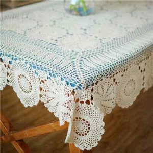 Crochet White Table Cloth Cotton Tablecloth Beige Crochet Lace Tablecloth - Foto 1 di 16