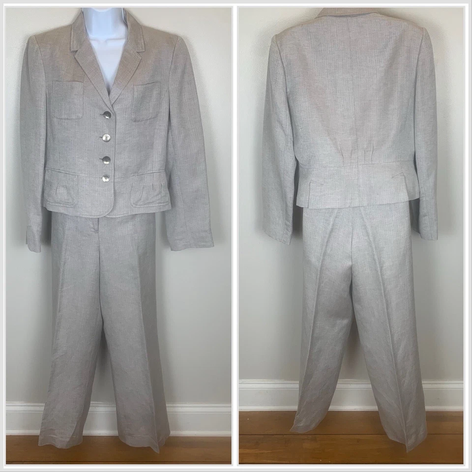 Calvin Klein Suit Womens 10P Linen Rayon Blend Pants Cream & Tan Herringbone - Image 1 of 4