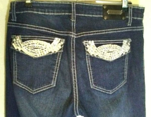 LUXE NATION Jeans sz US 29/8 AU 10 Skinny Dark Blue Mid Rise Bling Flap Pockets - Picture 1 of 4