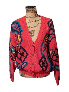 Vintage IZOD Cardigan Red Blue Paisley Pattern Hand Knit Button Up Size Lg Y2K - Picture 1 of 6