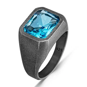 925 Sterling Silver Basic Oxidized Rectangle Aquamarine Stone Mens Ring All Size - Picture 1 of 4