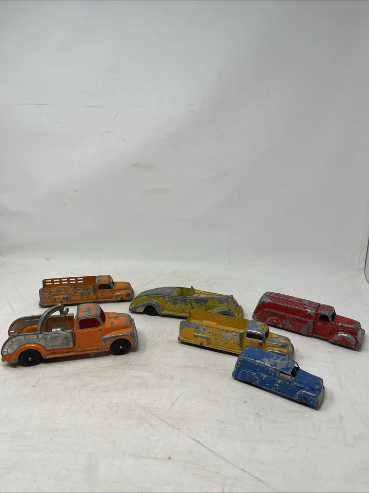 Vintage Cast Iron Cars Trucks Toy Lot Tootsietoy Hubley Die Orange Yellow Blue - Image 1 of 4
