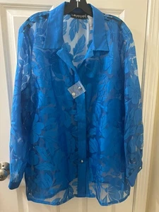 sag harbor dress women Sheer Floral Burnout Blouse Button-Up long sleeve blue 20 - Picture 1 of 8