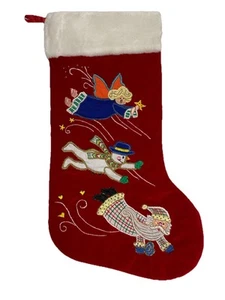 Vintage Embroidered Christmas Stocking Father Christmas Angel Snowman On Red - Picture 1 of 3