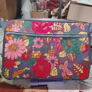 Vintage Suitcase Flower Power Luggage Canvas Zipper 1960s-70s - Picture 1 of 8