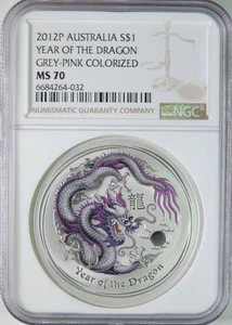 Moneta Argento 1 1 oz $ Colorata Grigio Rosa 2012 Australia Anno del Drago NGC MS70 - Foto 1 di 4