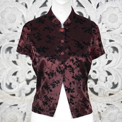 Blusa vintage Jay Jacobs para mujer L - Borgoña satinado negro terciopelo rama top EE. UU. Foto 1 de 4