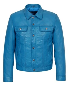 Herren Trucker Classic Western weiches Echtleder Hemd Stil Jeansoptik Jacke - Bild 1 von 32