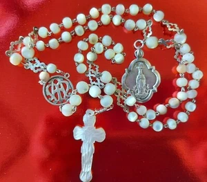 CATHOLIC ANTIQUE ROSARY MOP STERLING SILVER Notre Dame Lourdes medal - Picture 1 of 7