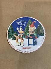 Vintage Enesco Brooch Pin 3” White Blue The North Pole Village Santa Tin Holiday