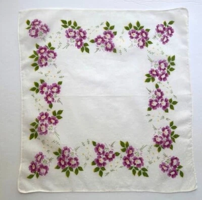 HANKIE HANKY VINTAGE AÑOS 50 BONITO ESTAMPADO FLORAL RACIMOS DE FLORES LAVANDA Foto 1 de 3