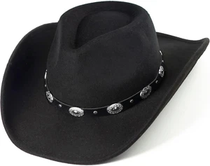 Women & Men Felt Western Cowboy Hat Classic Roll up Brim Belt Buckle Cowgirl Fed - Picture 1 of 9