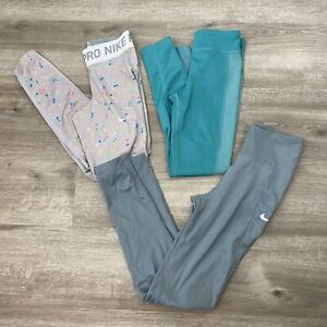 Nike Lot of 3 Leggings Girls Medium gray colorful blue athletic pants