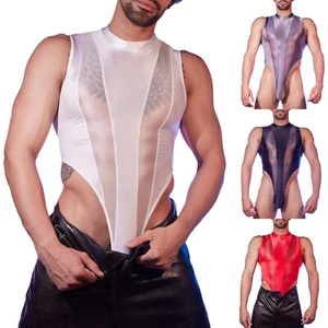 Mens Leotard Glossy Underwear Sheer Bodysuit Crop Top Sleeveless Sexy Jumpsuit - Picture 1 of 49