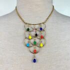 Set Vintage Bib Necklace & Dangle Drop Clip-on Earrings Rainbow Glass Beads