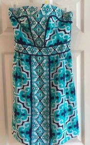 NWOT Annie Griffin V Strapless Turquoise Blues White Lined 100% Silk Dress 8 - Picture 1 of 7