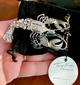 TIMMY WOODS BROOCH PIN PENDANT Crawfish SILVER NWT Lobster Swarovski CRYSTALS - Picture 1 of 8