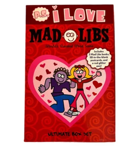 P.S. I LOVE MAD LIBS Boxed Set 3 Books Postcards Glitter Pen Valentines Day NEW - Imagen 1 de 5