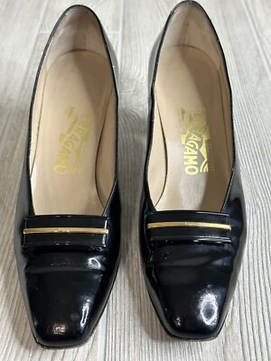 Salvatore Ferragamo Black Patent Leather Gold Buckle Heels Size 8AA Vintage - Image 1 of 4