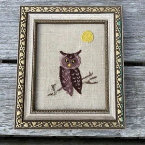 Vintage 1970s Framed Completed Horned Owl On Branch Full Moon Needlepoint Framed - Picture 1 of 6