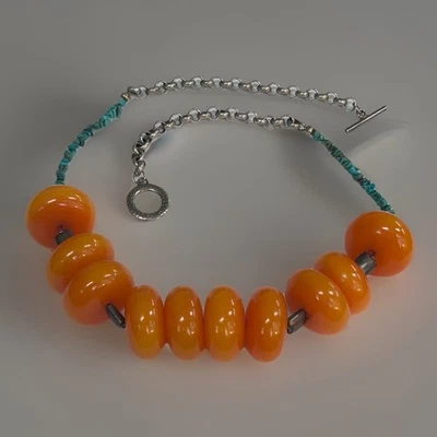 Collar Tribal Africano Vintage Naranja Caramelo Resina Cuentas Turquesa Chips Foto 1 de 4