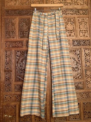 Vtg 70s Plaid Bell Bottom Drawstring Pants Wide leg Madras Indian Cotton Small S - Image 1 of 4