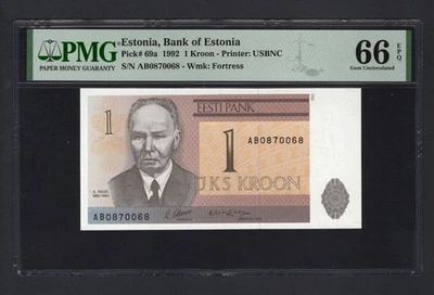 Estonia One Kroon 1992 P69a Uncirculated Grade 66 - Image 1 of 2